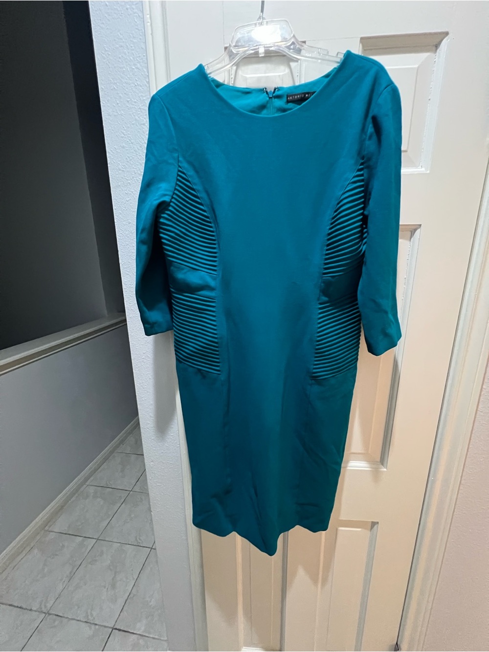 Antonio Melani Teal Ribbed-Panel Long Sleeve Sheath Dress Size 14